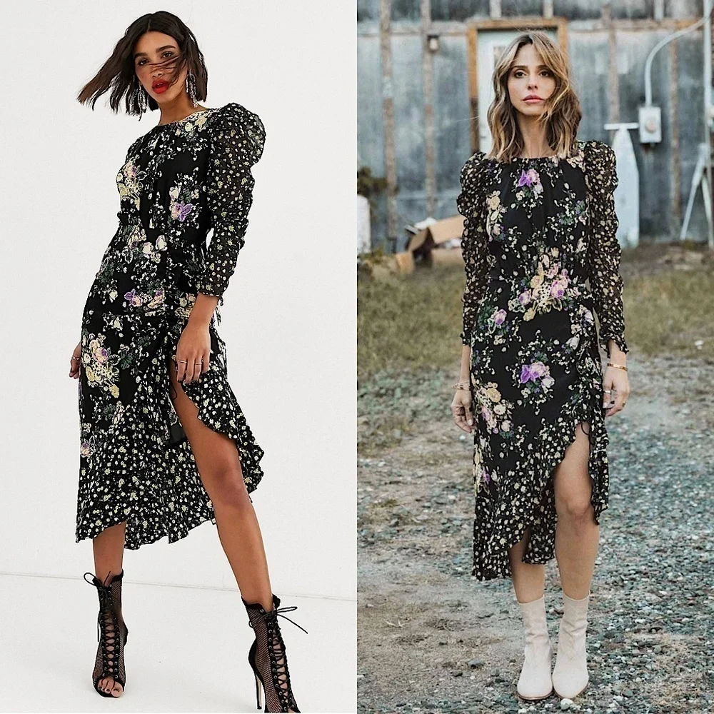 FOR LOVE & LEMONS Floral Long Sleeve Cutout Tie Back Ruched Ruffle Midi Dress XS